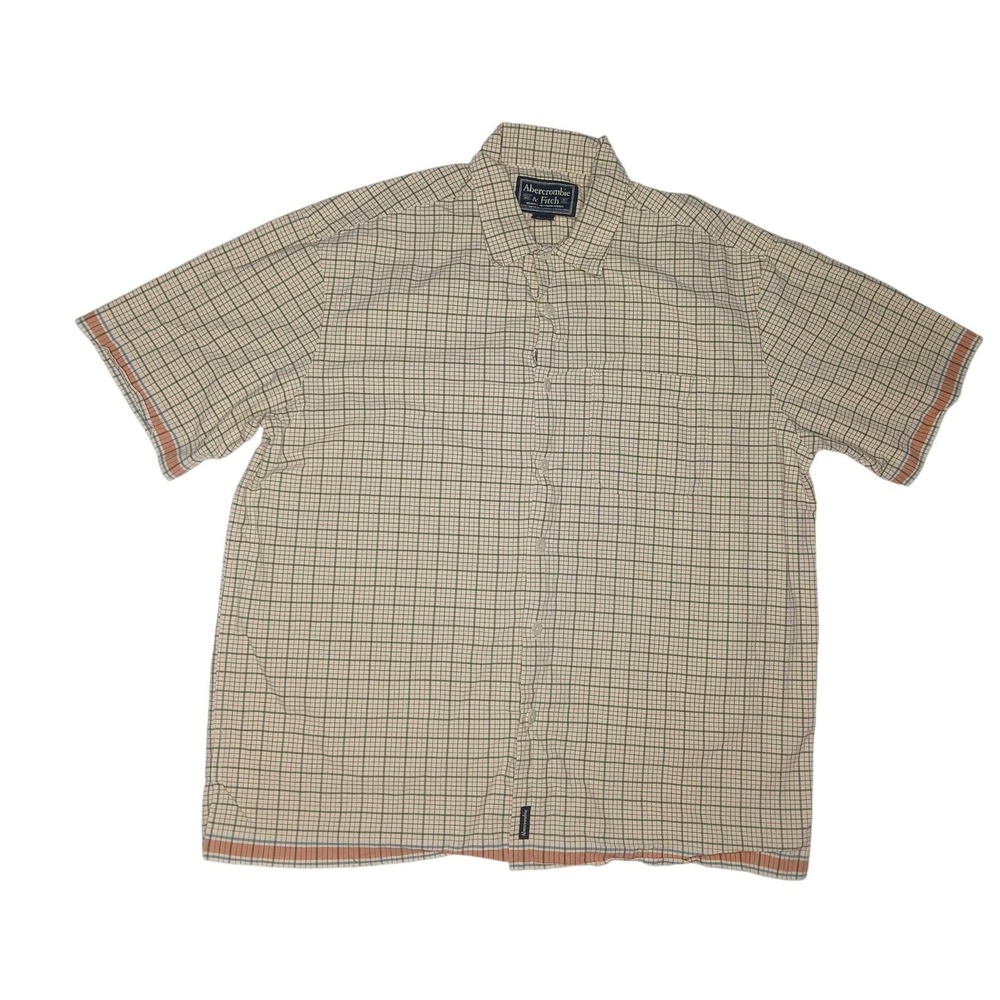 Abercrombie & Fitch Button Down Shirt Mens Large Tan Plaid Short Sleeve Cotton